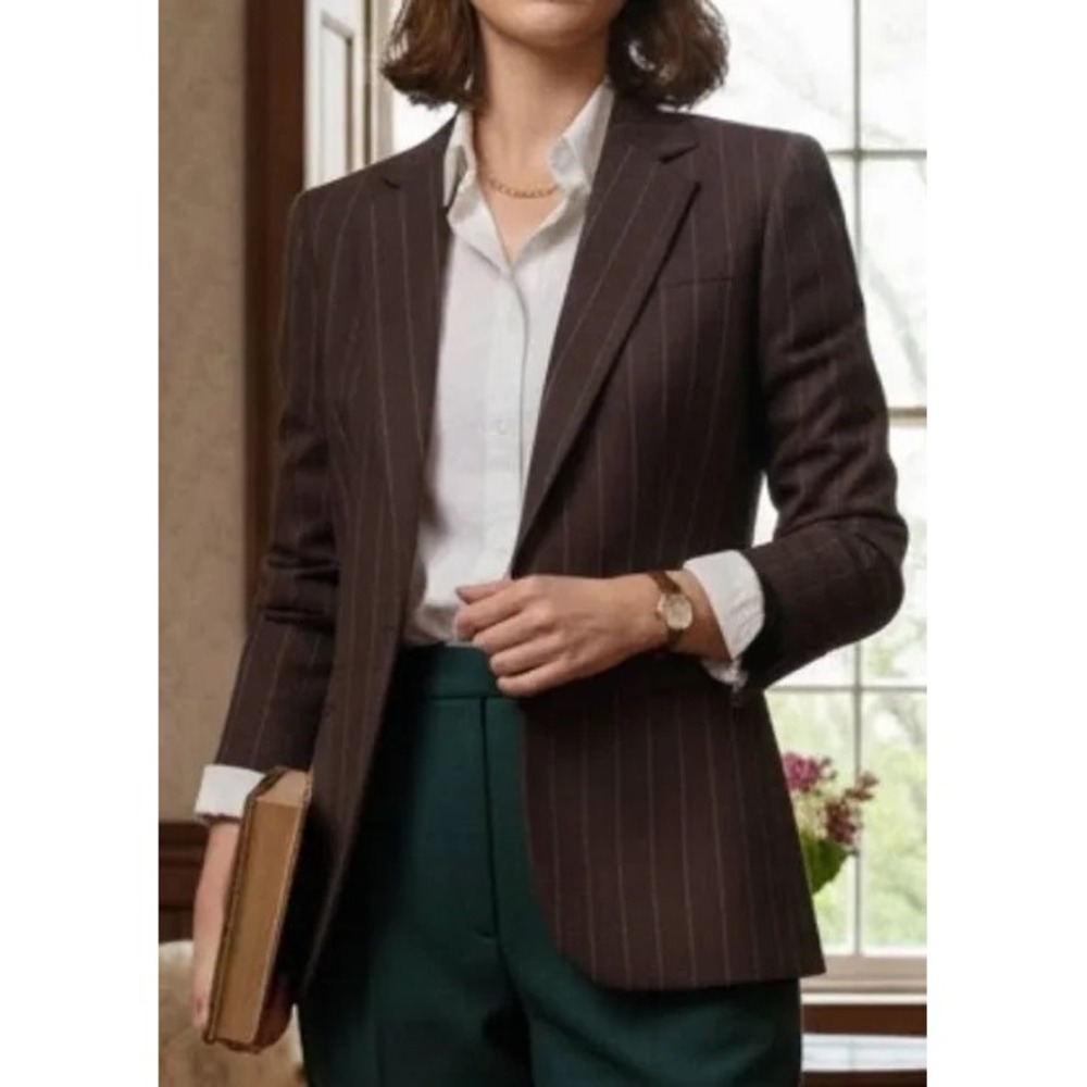 Lauren Ralph Lauren Brown Pinstripe 100% Lambswool Blazer Jacket